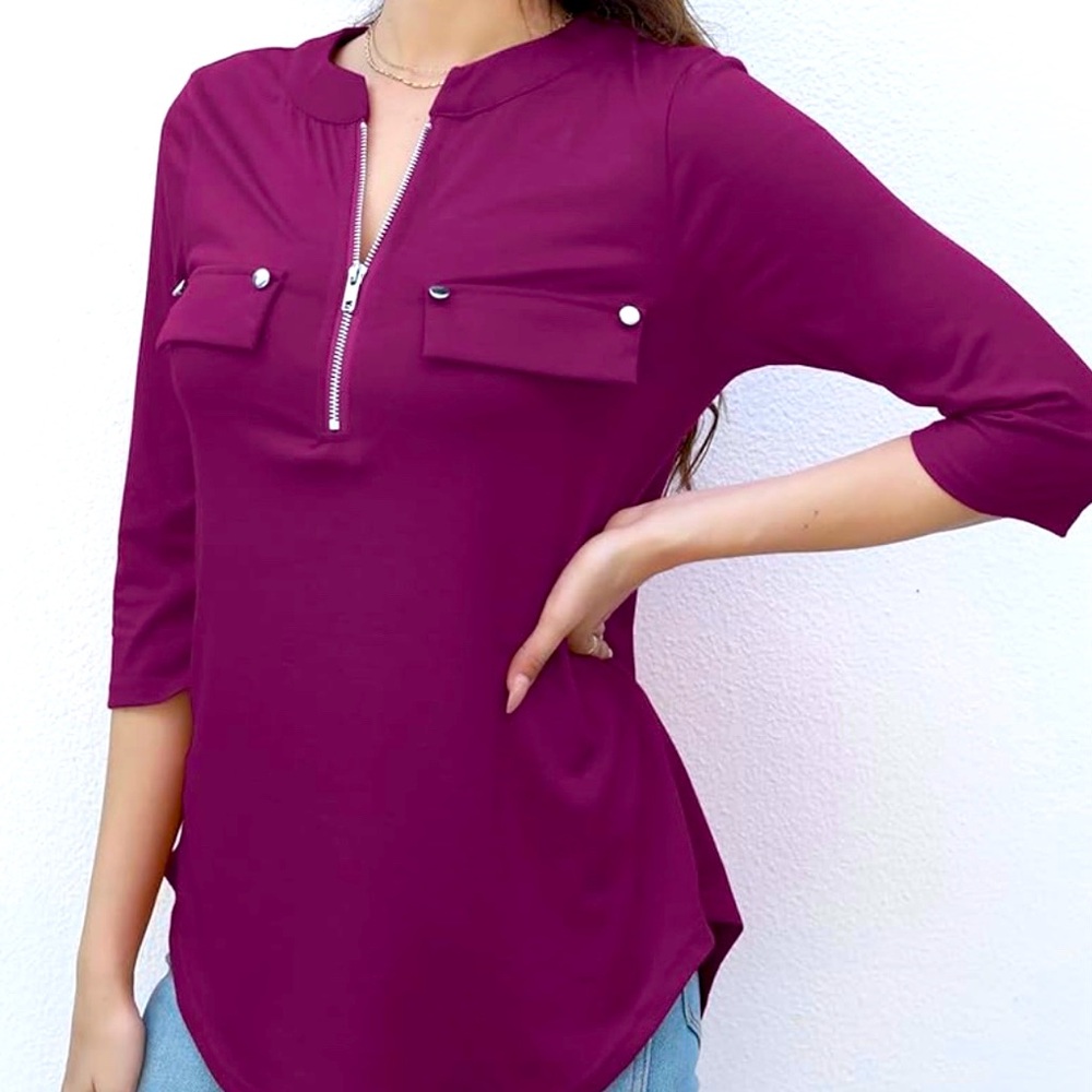 Women's 3/4 Sleeve Zip Neck Tunic XL Blouse 14 16 NWOT